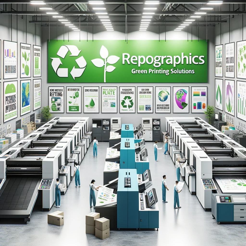 Green eco-friendly reprographics printing facility with advanced machinery and employees at work.