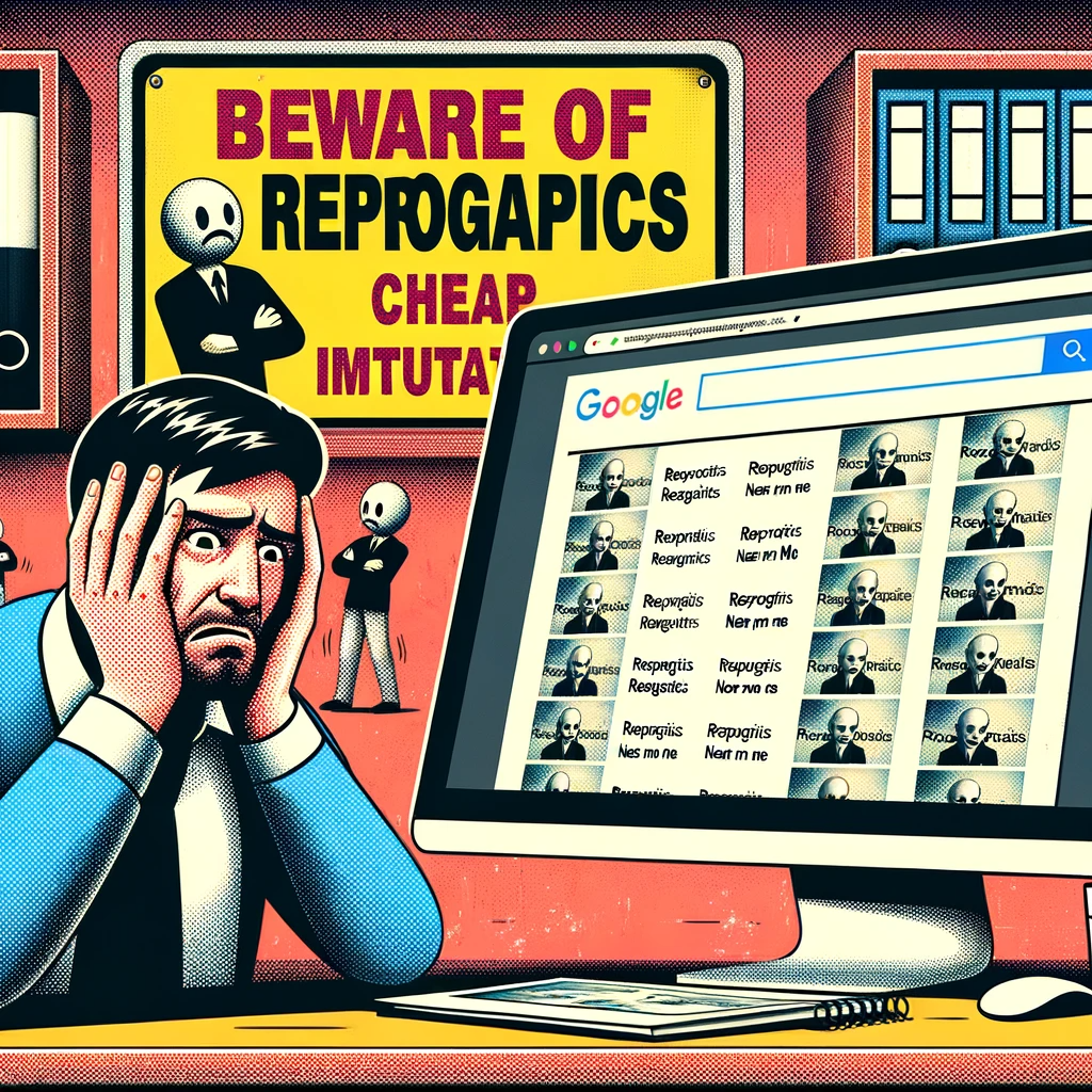 An individual showing frustration over low-quality prints with a computer screen displaying conflicting 'Reprographics Near Me' search results.