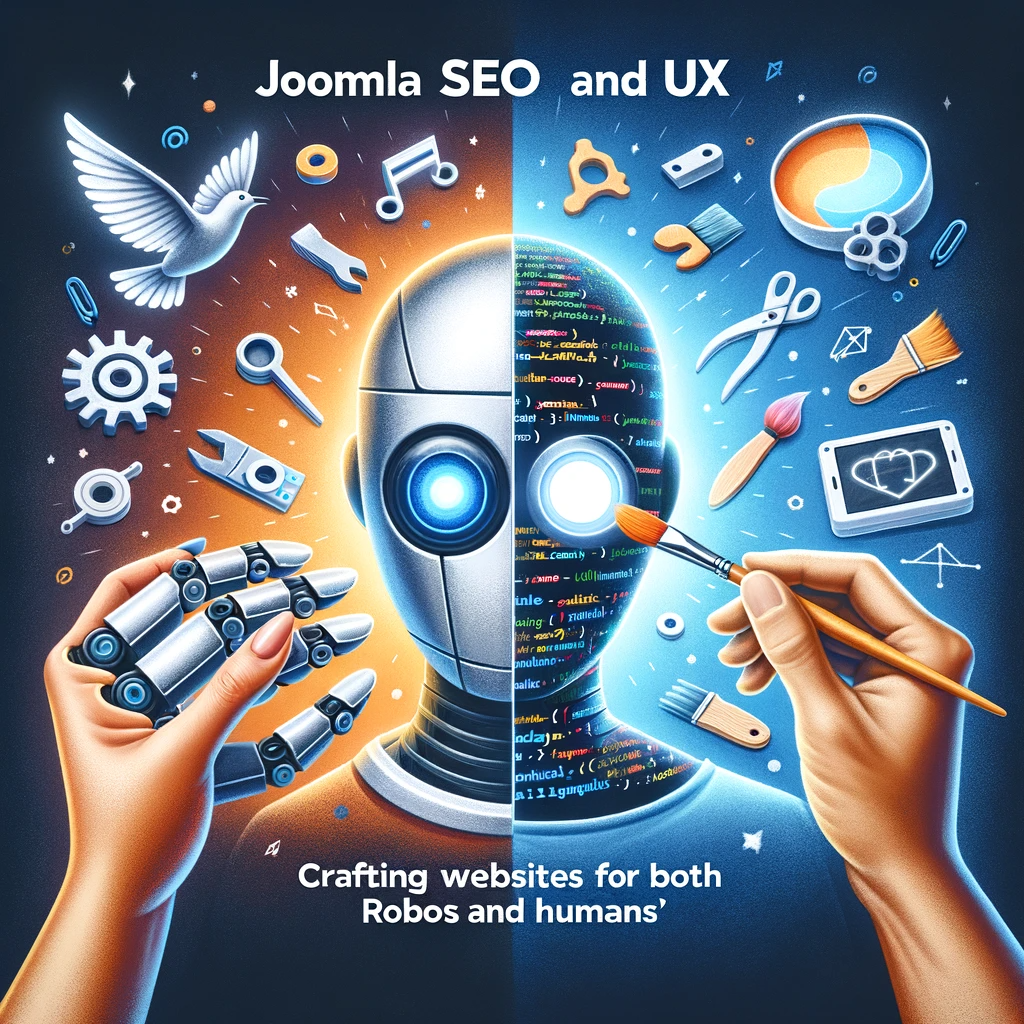Split-screen Joomla website with robotic hand optimizing for SEO on one side and human hand enhancing UX on the other, while a Latina female and East Asian male collaborate in the center.