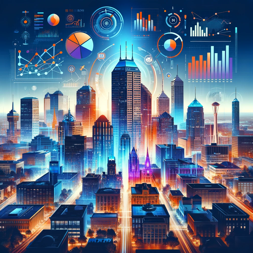 Modern Indianapolis cityscape merged with vibrant marketing graphics, including pie charts and trend arrows, showcasing the city's leading marketing agencies in 2023.