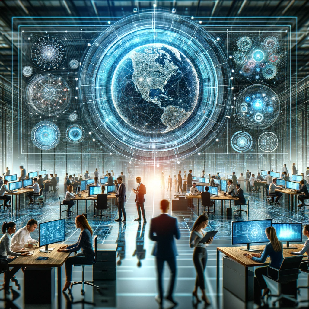 Futuristic office scene with a diverse team collaborating around a holographic network display, symbolizing MSP innovation.